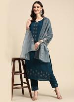 Chinon Blue Casual Wear Embroidery Work Readymade Kurta Set